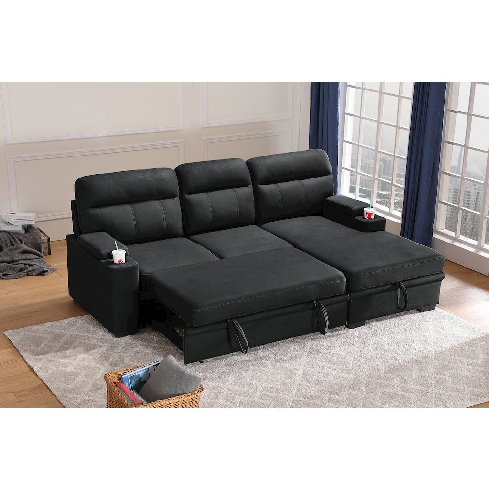 93″ Black Fabric Sleeper Sectional Sofa Chaise with Storage Arms and Cupholder