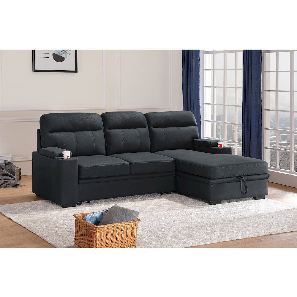 93″ Black Fabric Sleeper Sectional Sofa Chaise with Storage Arms and Cupholder