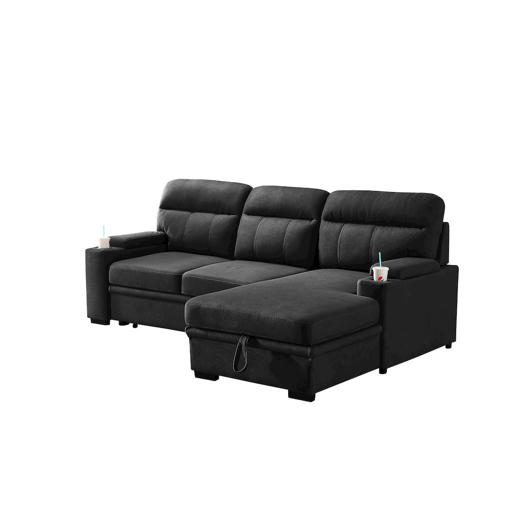 93″ Black Fabric Sleeper Sectional Sofa Chaise with Storage Arms and Cupholder