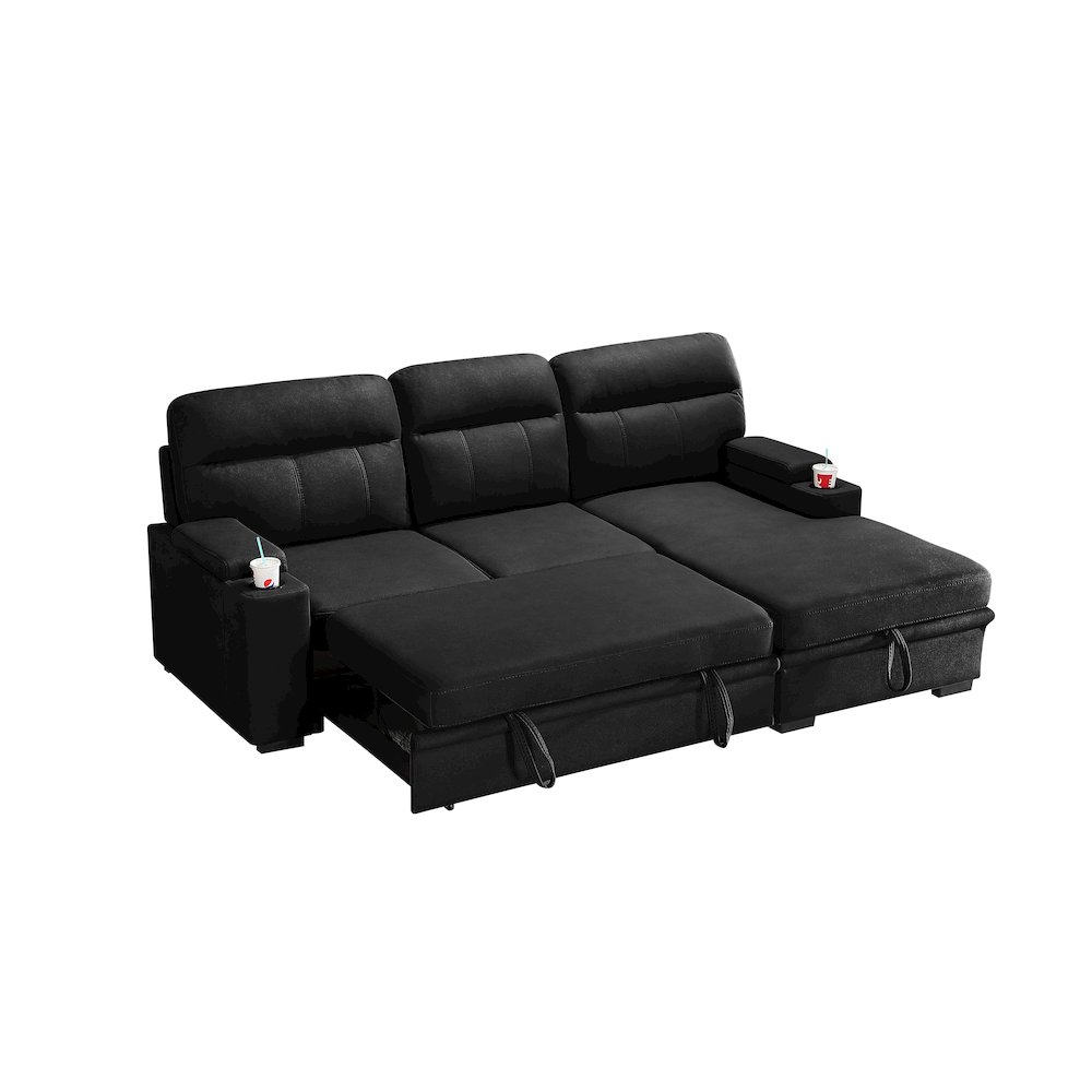 93″ Black Fabric Sleeper Sectional Sofa Chaise with Storage Arms and Cupholder