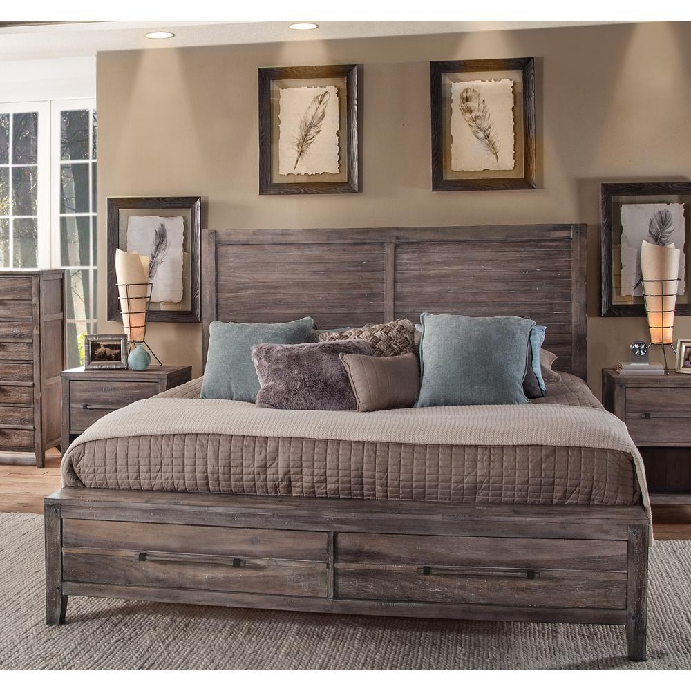 Aurora King Panel Bed – With Storage Footboard – Weathered Grey