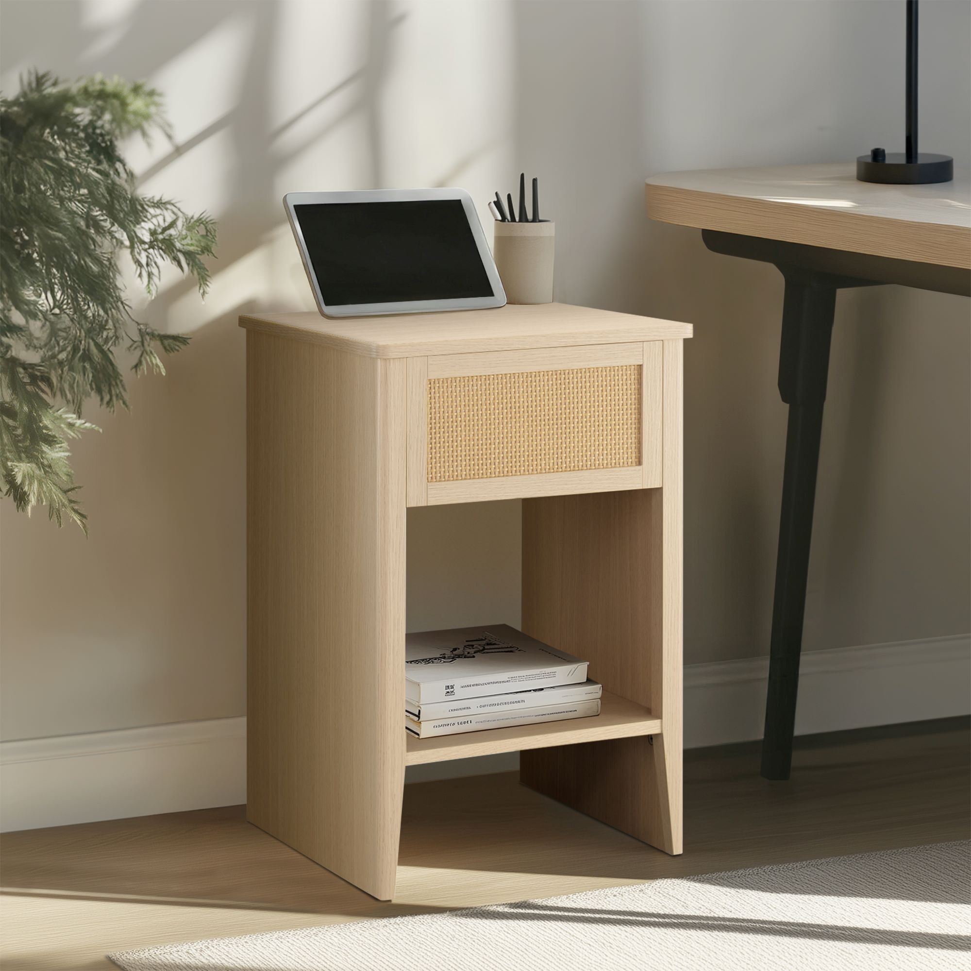 Lennox Rattan Accent Table with Built-in Charging Station & LED Light