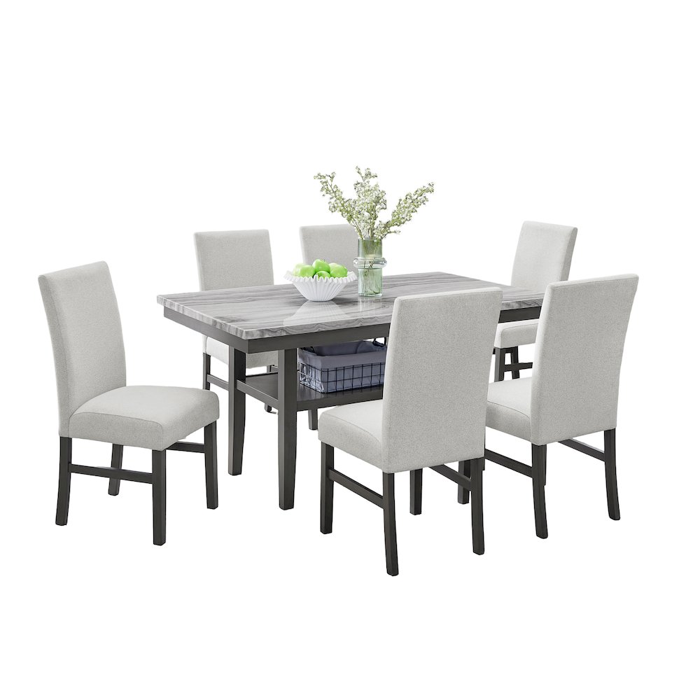 Selena 7-Piece 60″ Rectangular Gray Faux Marble Top Dining Set with 6 Chairs