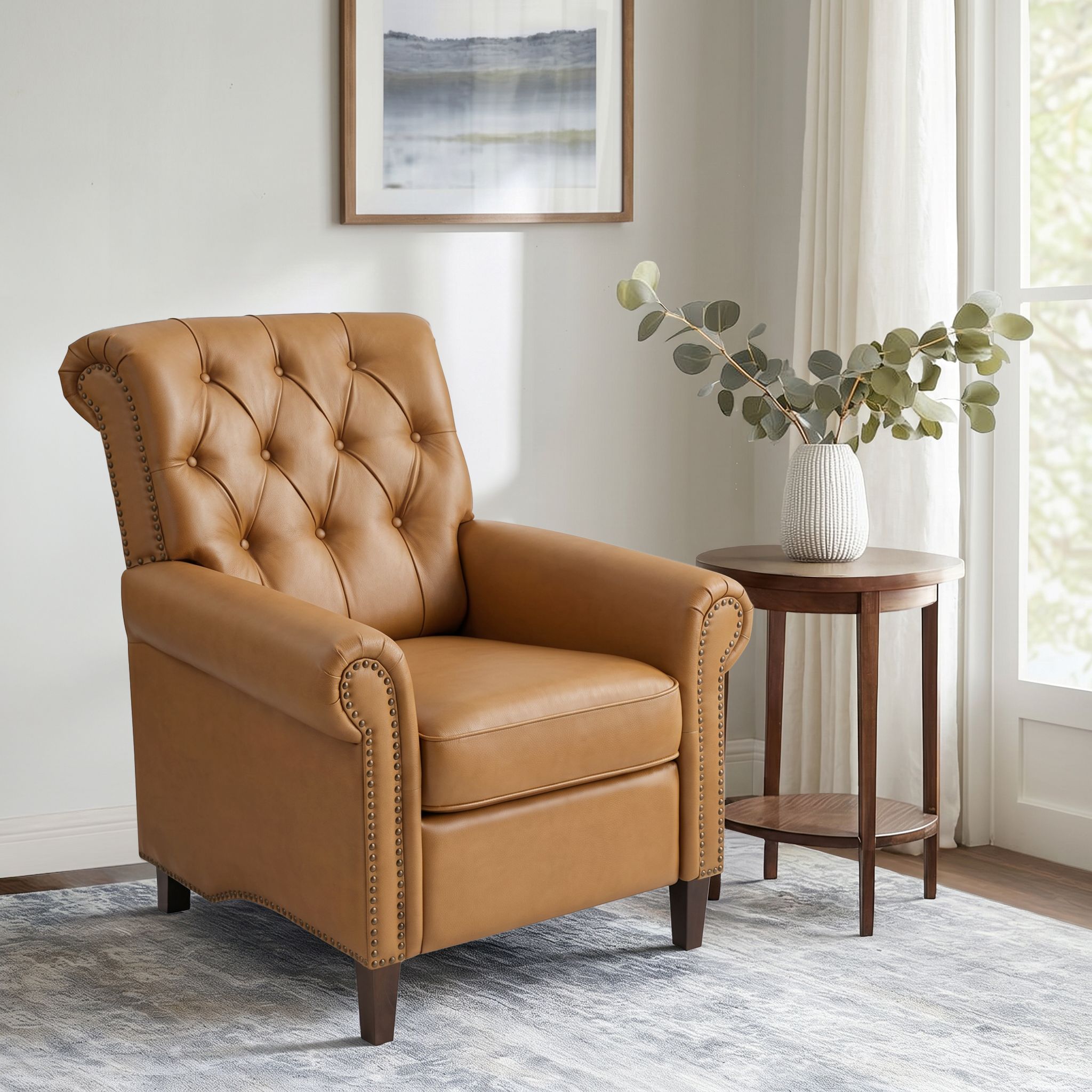Aidan Upholstered Manual Push Back Recliner Chair with Nailheads