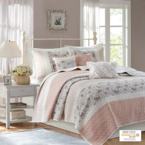 Dawn 6 Piece Cotton Percale Quilt Set with Throw Pillows from Madison Park in  Blush. Dawn 6 Piece Cotton Percale Quilt Set with Throw Pillows from Madison Park in  Blush. Dawn 6 Piece Cotton Percale Quilt Set with Throw Pillows from Madison Park in  Blush. Dawn 6 Piece Cotton Percale Quilt Set with Throw Pillows from Madison Park in  Blush. Dawn 6 Piece Cotton Percale Quilt Set with Throw Pillows from Madison Park in  Blush.