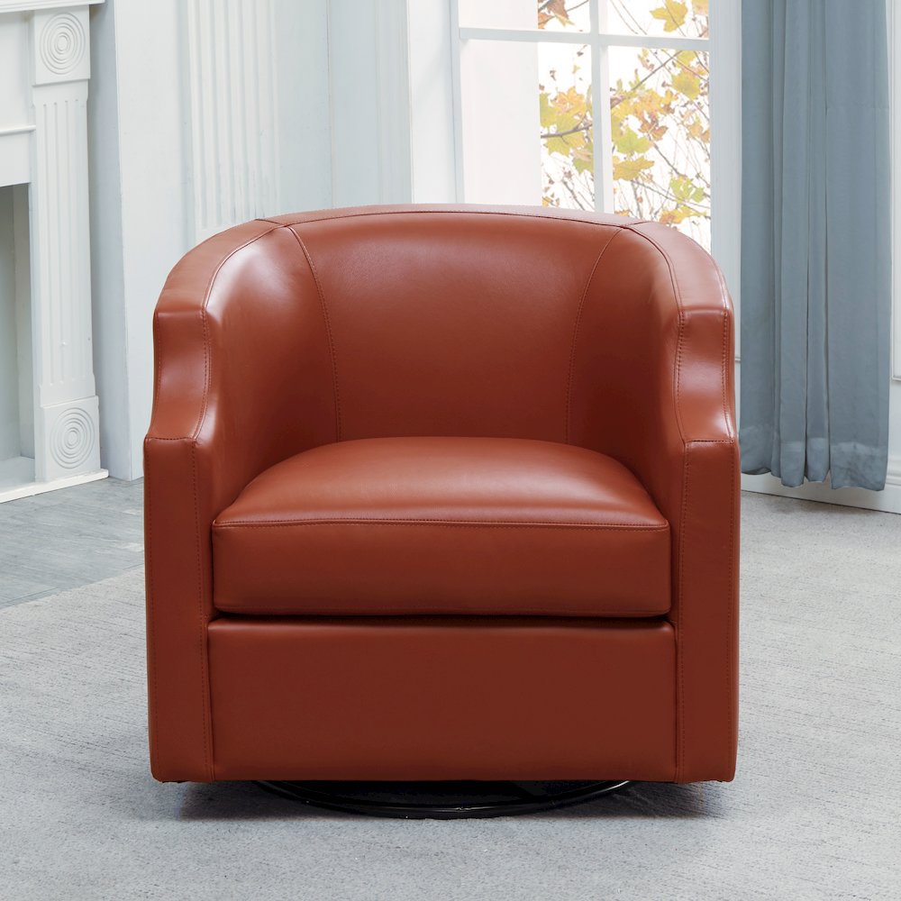 Caramel Top Grain Leather Swivel Glider Barrel Chair