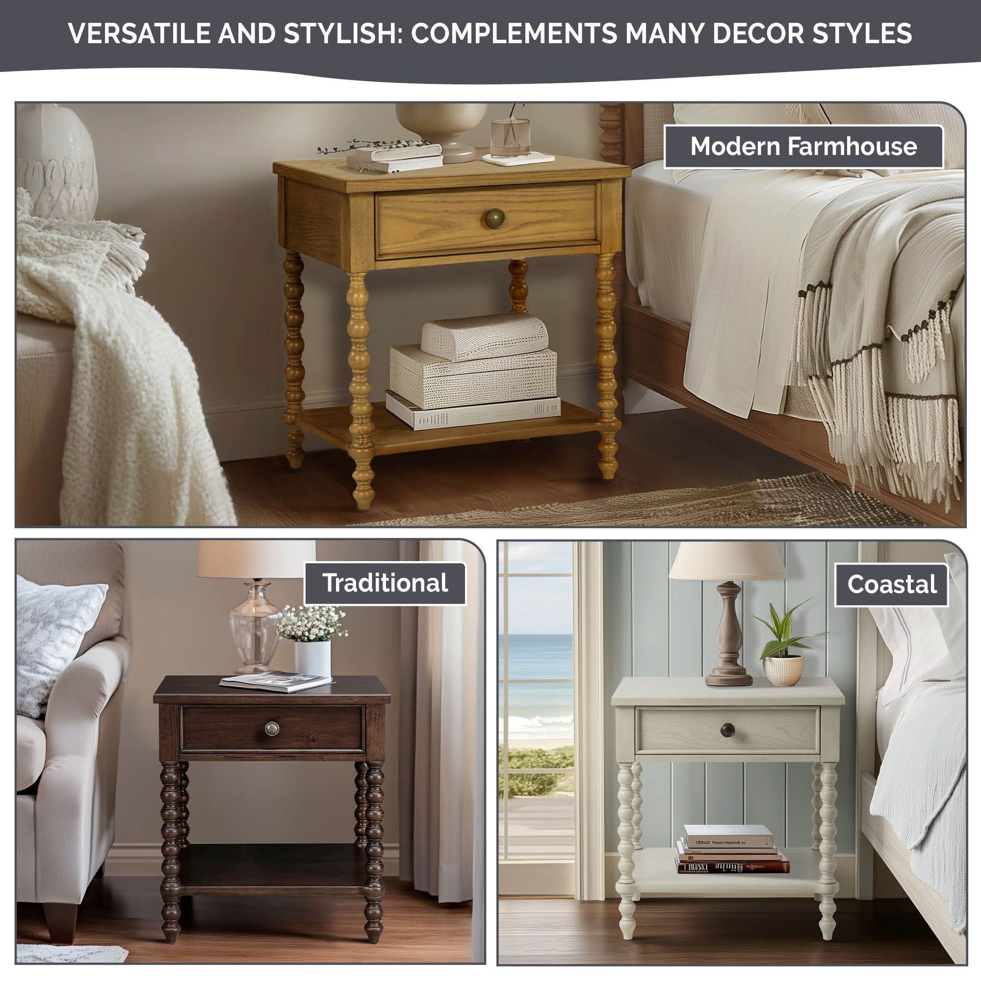 Beckett Turned Wood Spindle Nightstand with Drawer & Shelf