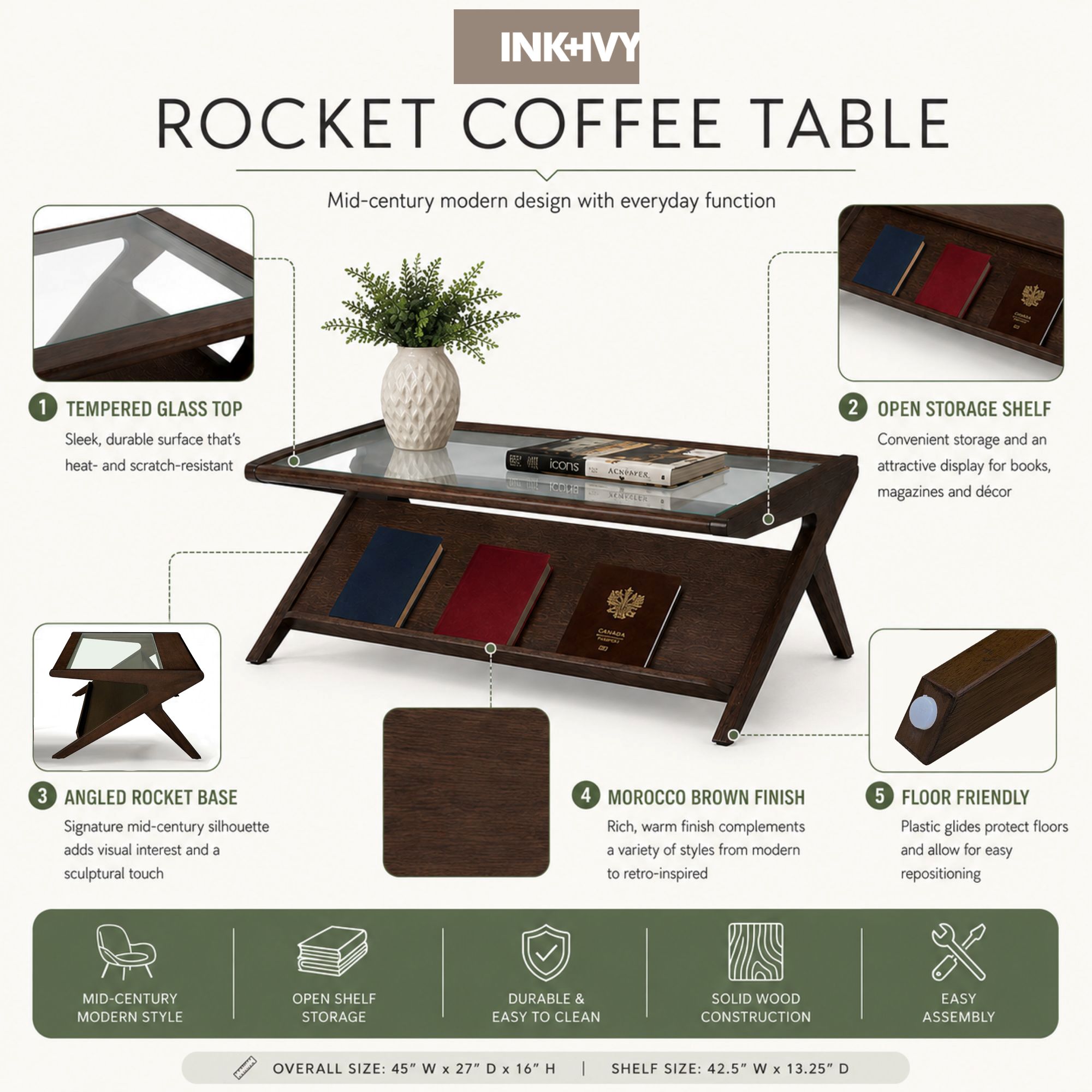 Rocket wood & tempered glass coffee table