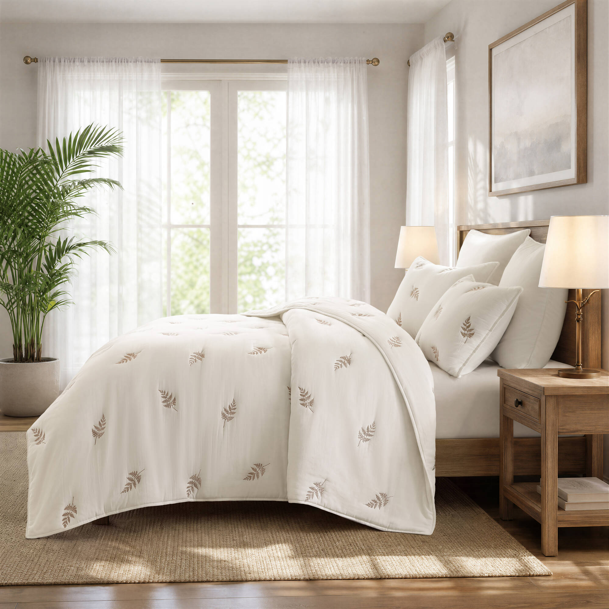 Willow Embroidered Botanical 100% Cotton Lightweight 3 Piece Quilt Set