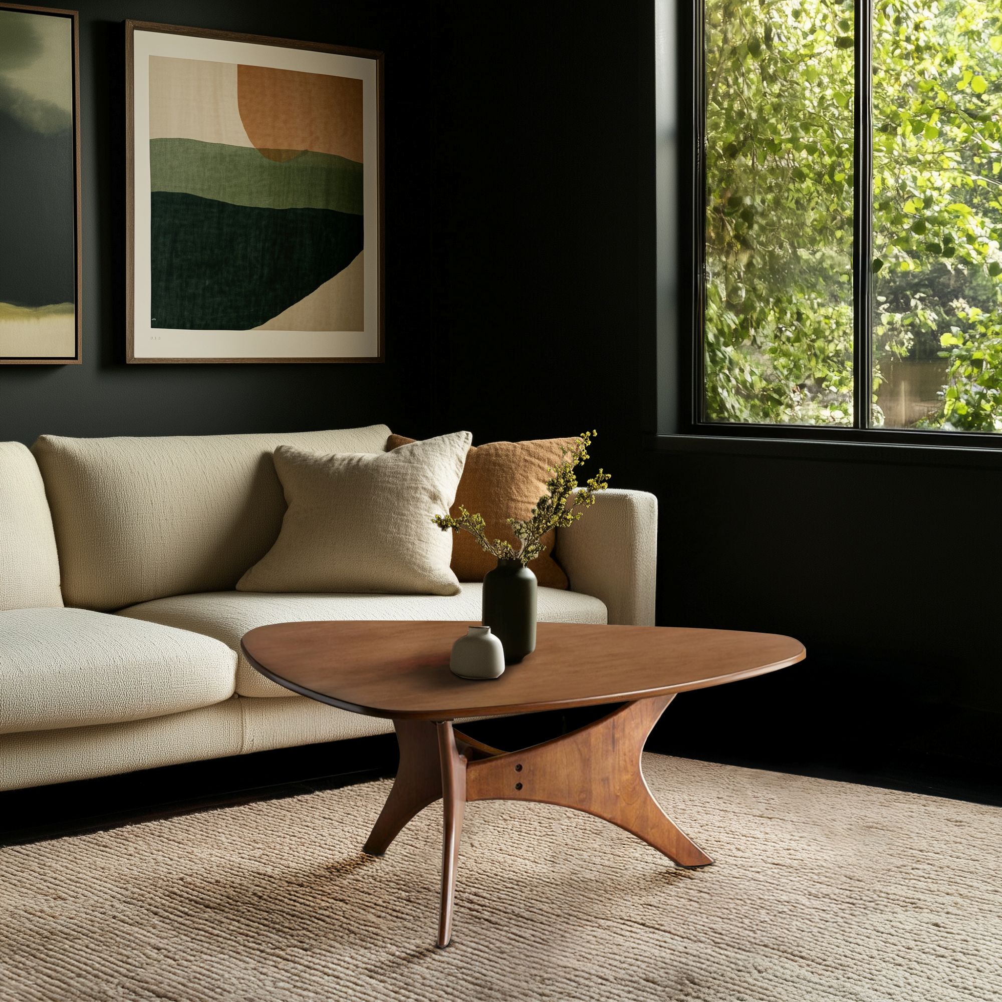 Blaze Organic Triangular Wood Coffee Table with Sculptural Base