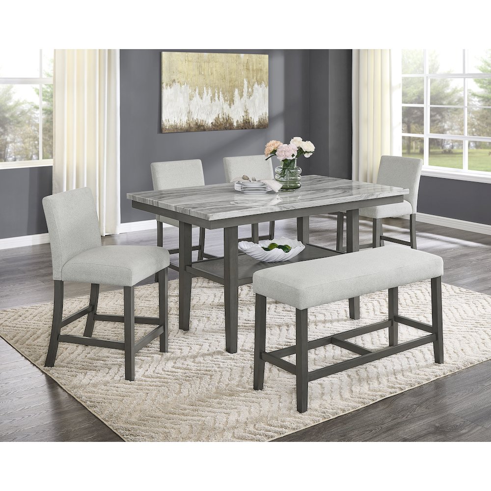 Selena 6-Piece 60″ Rectangular Gray Faux Marble Counter Height Dining Set