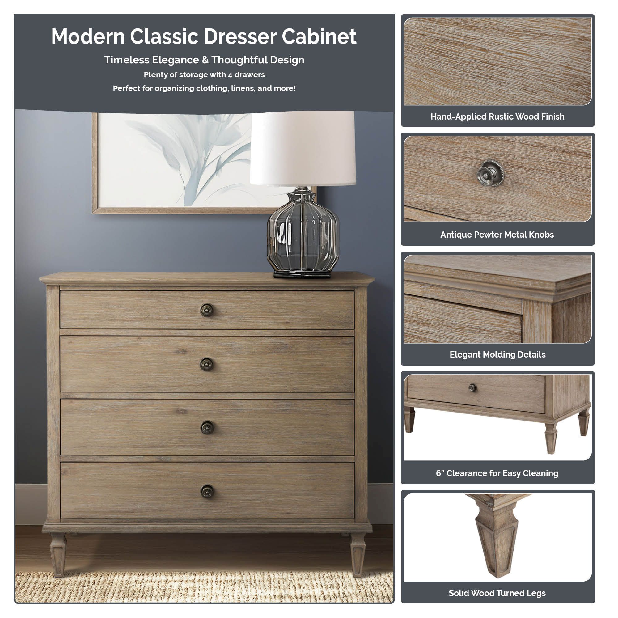 Victoria 4-drawer wood dresser (40″)