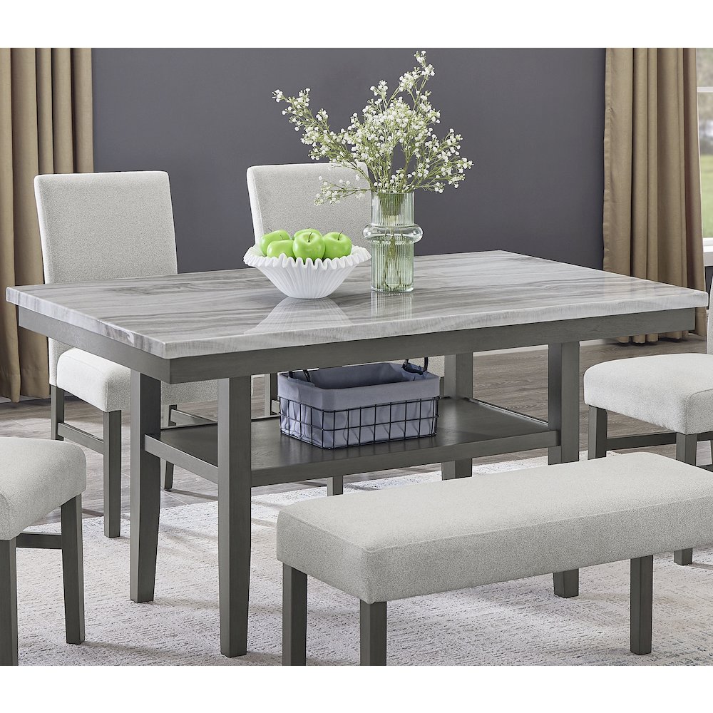 Selena 60″ Gray Faux Marble Top Rectangular Dining Table with Storage Shelf
