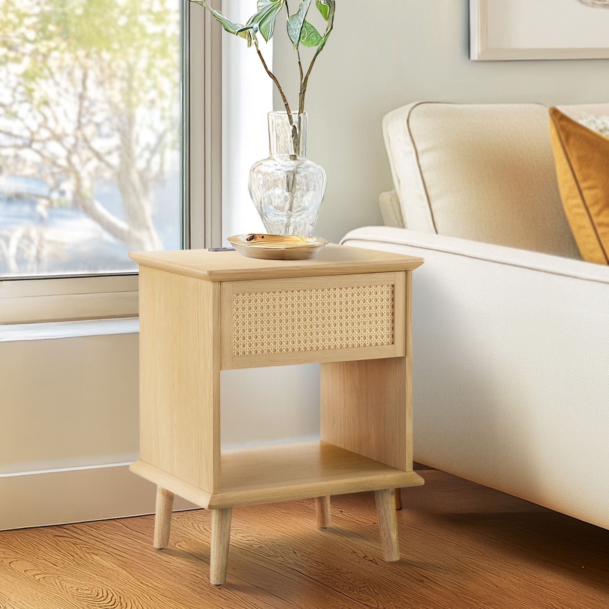 Teagan Rattan Side Table with Built-in Charging Station & LED Light