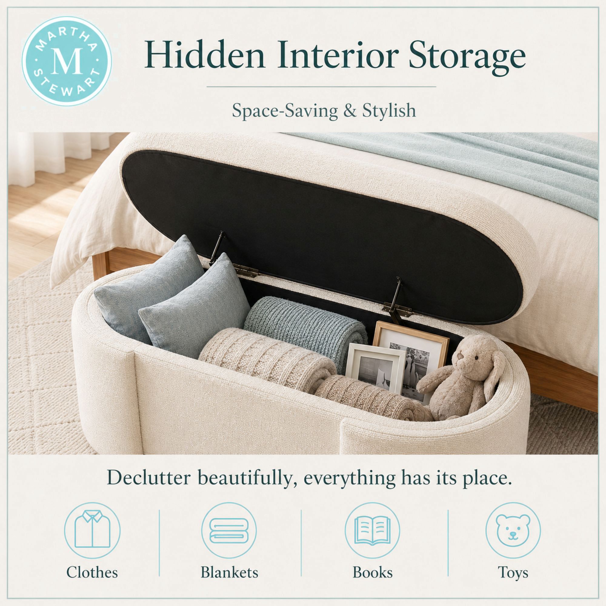 Leslie Fully Upholstered Oval Storage Bench with Soft-Close Lid
