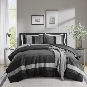 Highland Stripe Pieced Faux Suede Comforter Set from Comfort Spaces in  Black. Highland Stripe Pieced Faux Suede Comforter Set from Comfort Spaces in  Black. Highland Stripe Pieced Faux Suede Comforter Set from Comfort Spaces in  Black. Highland Stripe Pieced Faux Suede Comforter Set from Comfort Spaces in  Black. Highland Stripe Pieced Faux Suede Comforter Set from Comfort Spaces in  Black.