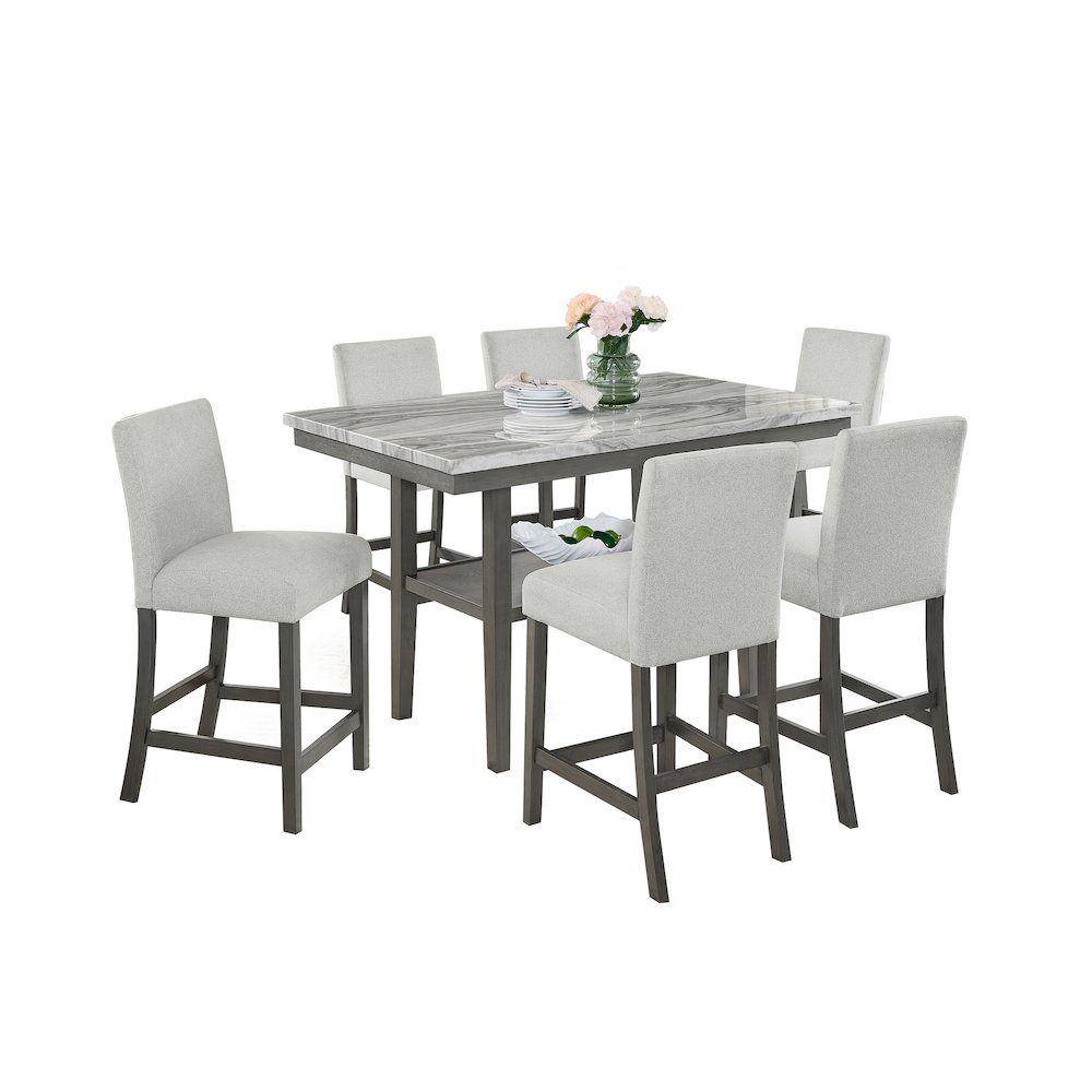 Selena 7-Piece 60″ Gray Faux Marble Counter Height Dining Set