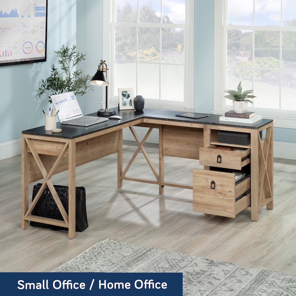 Newberry Lane L-Shaped Desk with Drawers in Khaki Pine