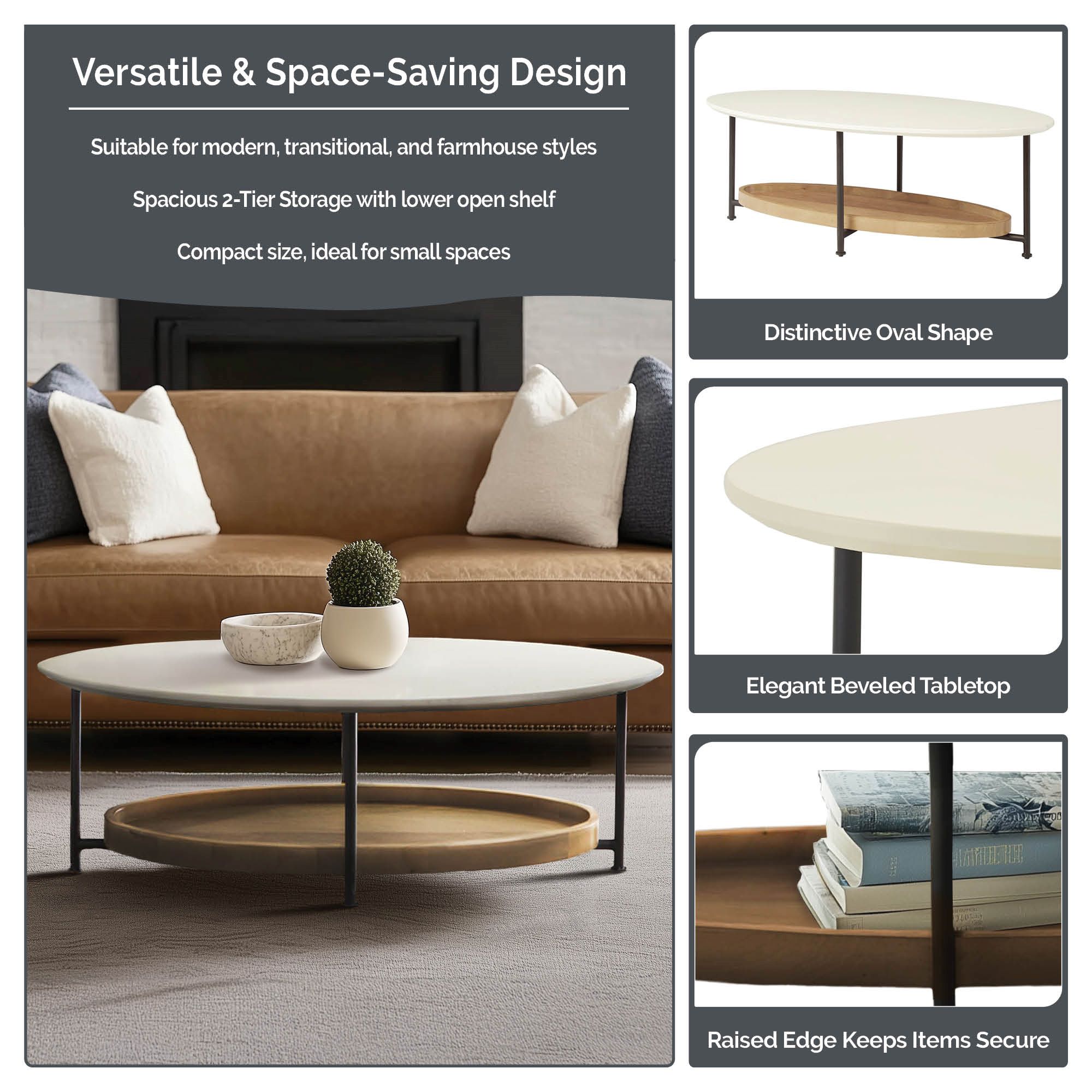 Beaumont 2-Tier Oval Coffee Table with Wood Storage Shelf
