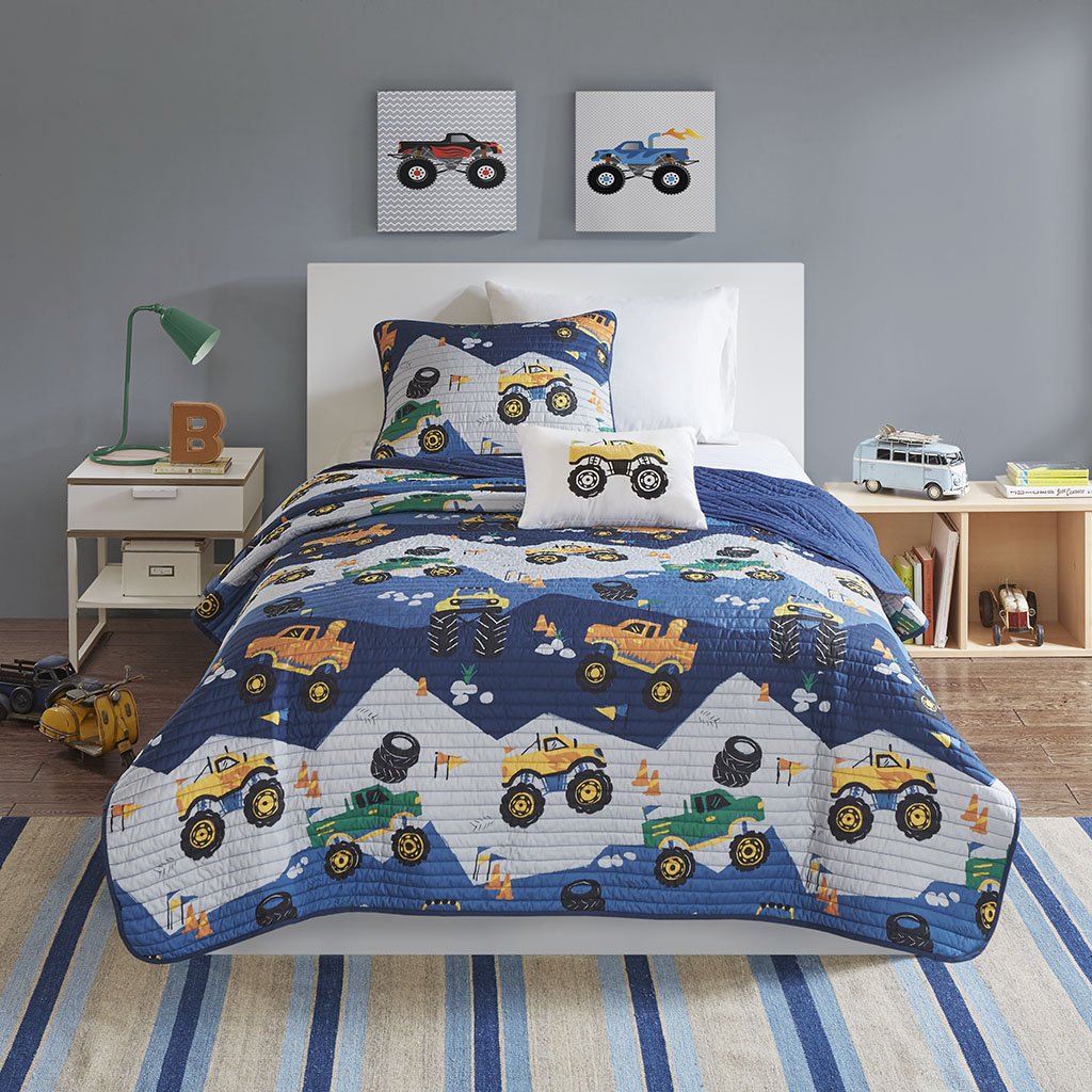 Nash Monster Truck Reversible Quilt Set with Throw Pillow