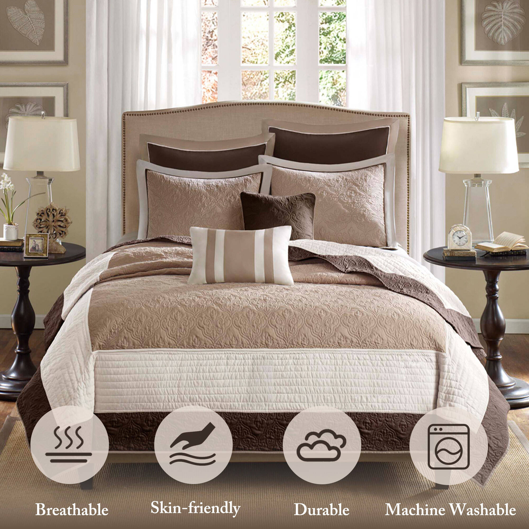 Attingham 7 Piece Quilt Set with Euro Shams and Throw Pillows