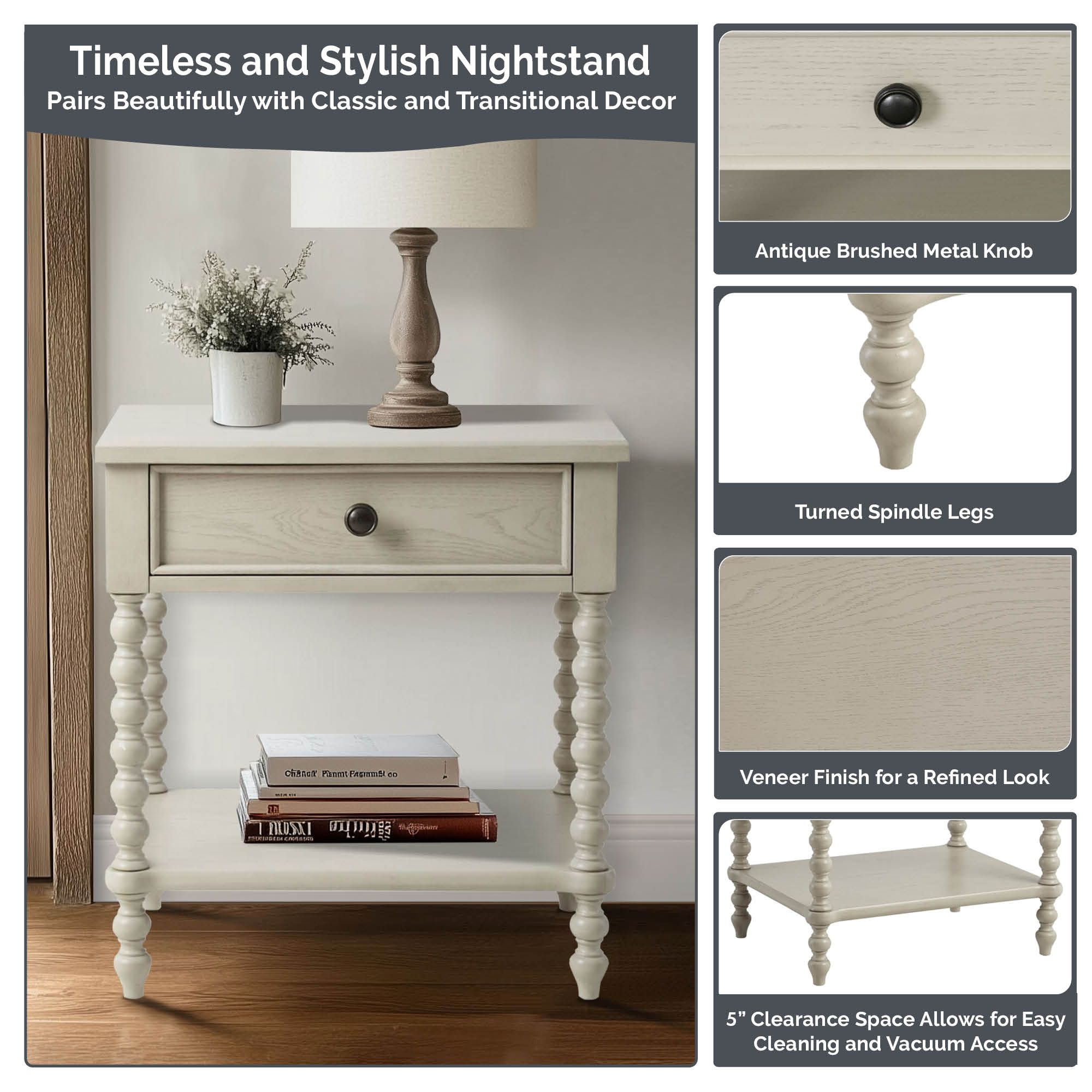 Beckett Turned Wood Spindle Nightstand with Drawer & Shelf