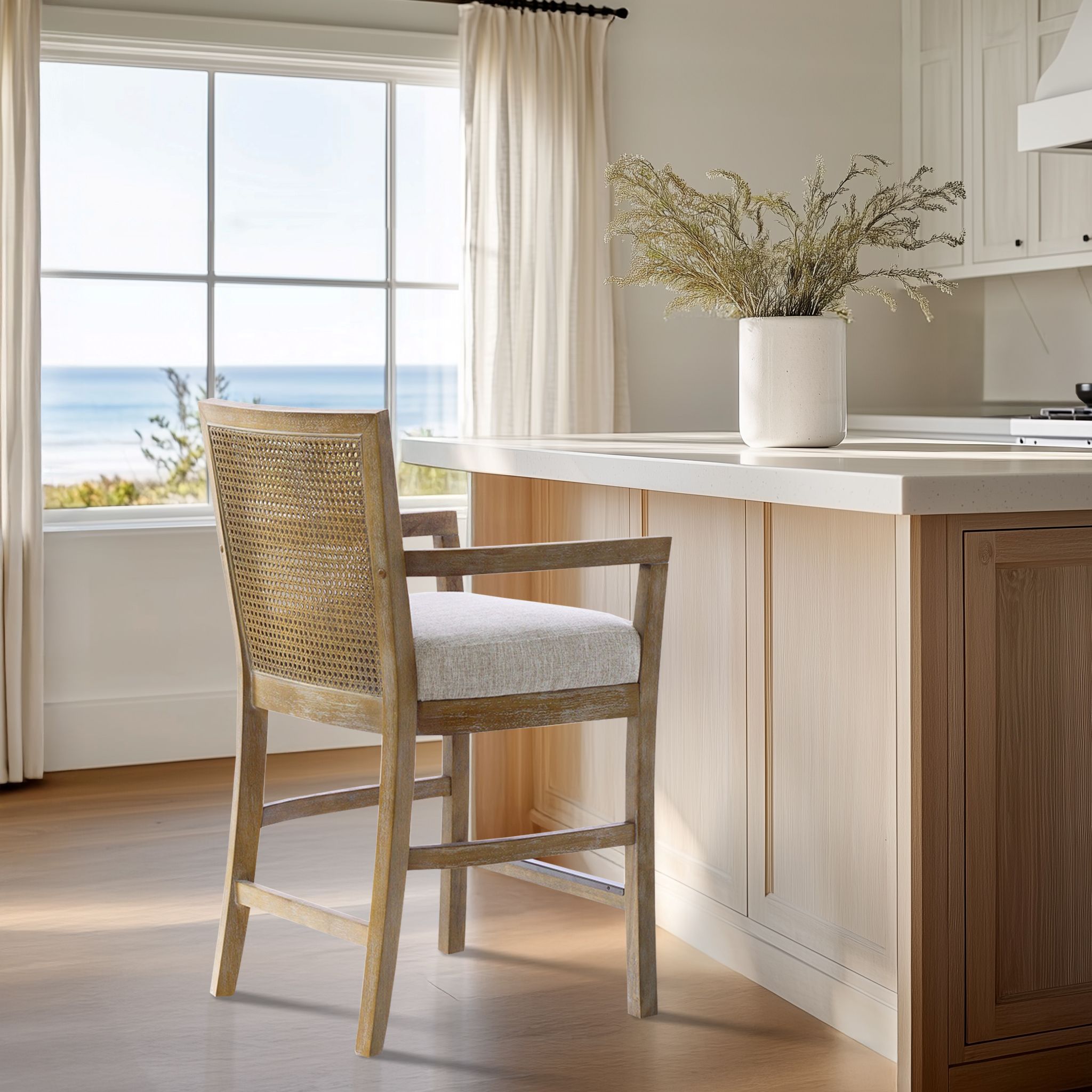 Diedra Reclaimed Wood Counter Stool with Natural Rattan Back and Upholstered Seat