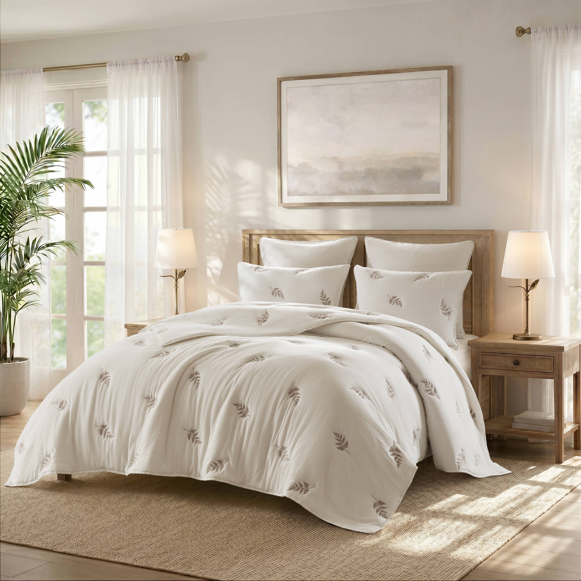 Willow Embroidered Botanical 100% Cotton Lightweight 3 Piece Quilt Set
