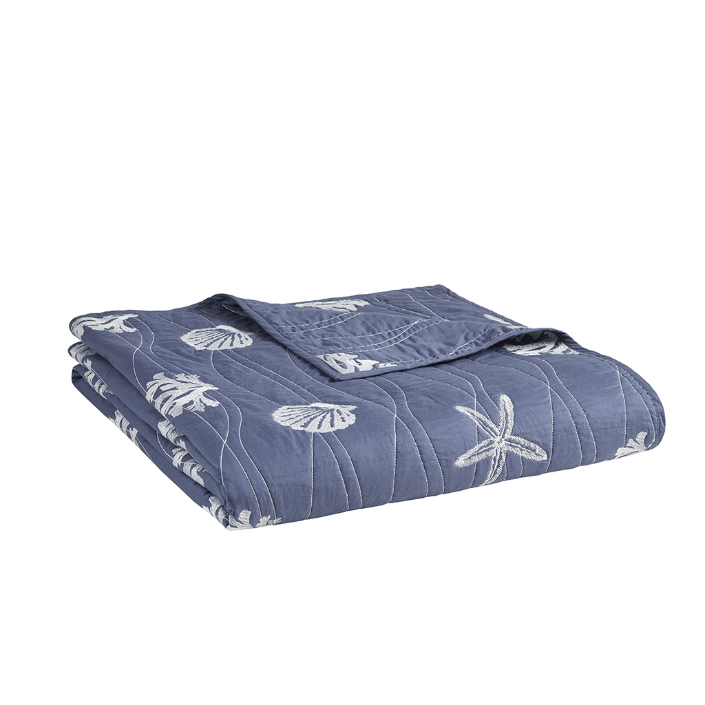 Seaside 4 Piece Cotton Reversible Embroidered Quilt Set with Throw Pillow