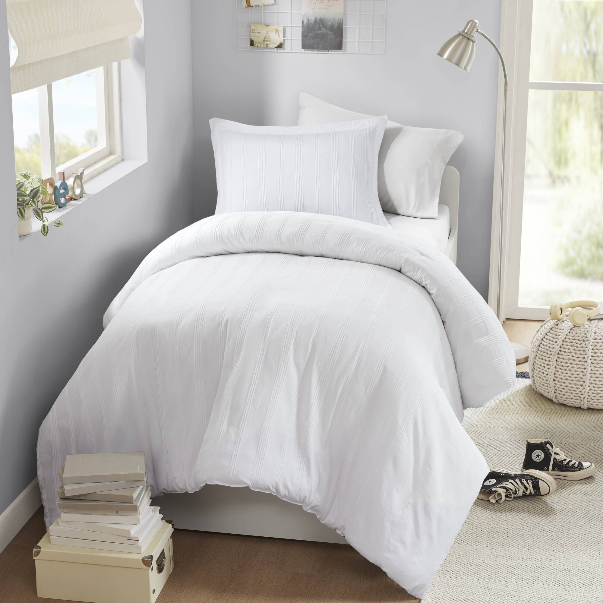 Logan Striped Reversible Pintuck Pleated Duvet Set