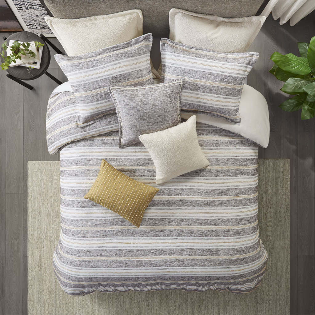Oasis Oversized Chenille Jacquard Striped Comforter Set with Euro Shams and Throw Pillows