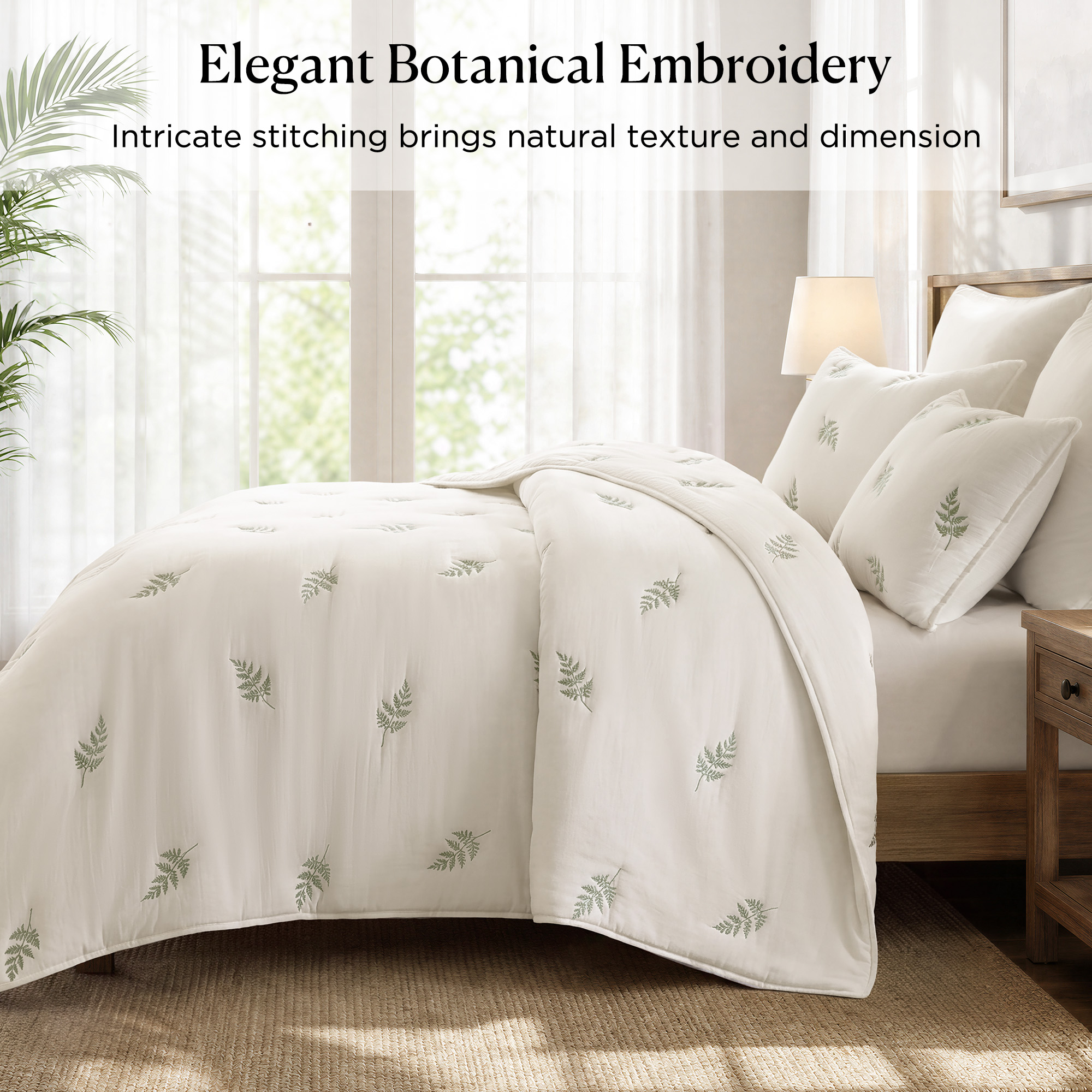 Willow Embroidered Botanical 100% Cotton Lightweight 3 Piece Quilt Set