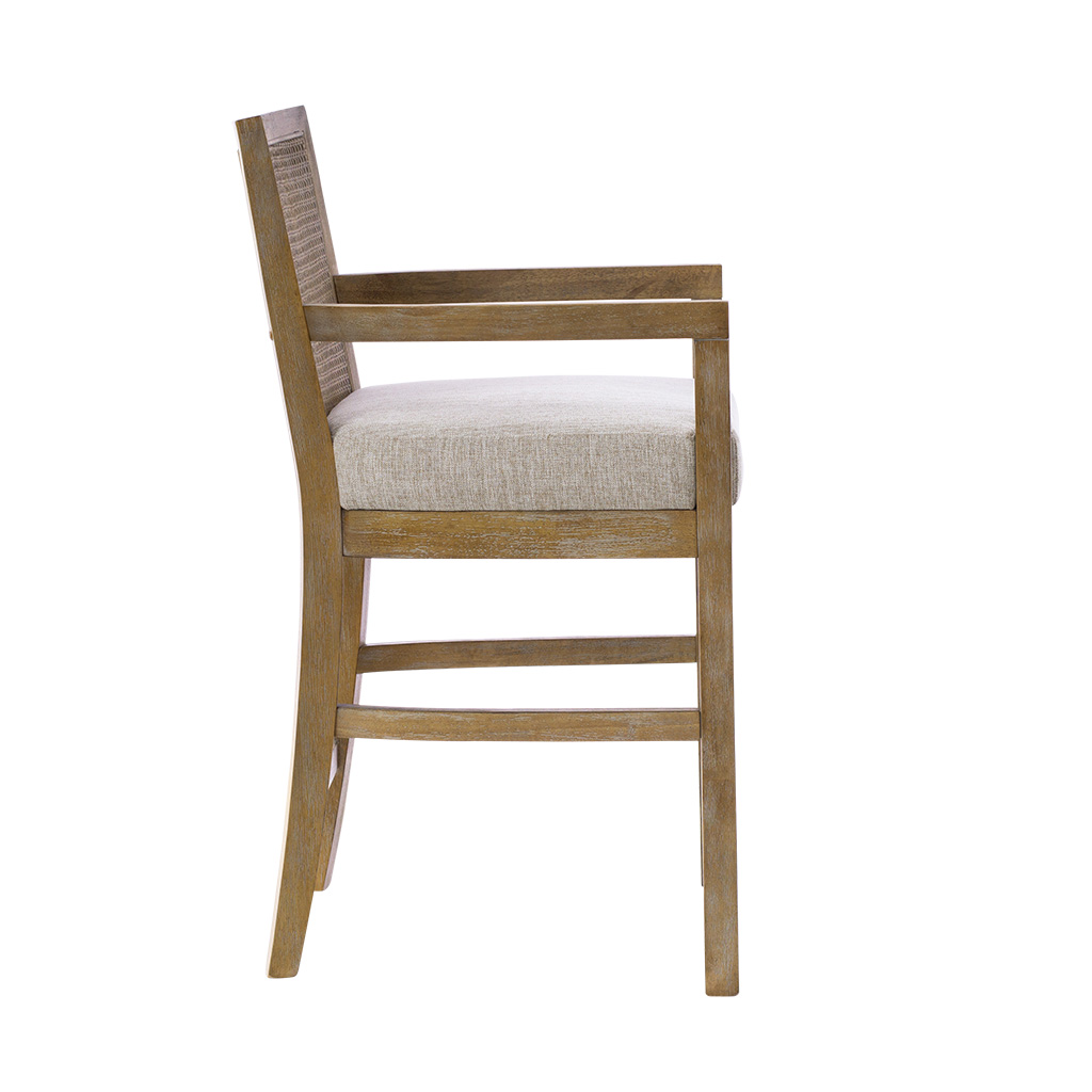 Diedra Reclaimed Wood Counter Stool with Natural Rattan Back and Upholstered Seat