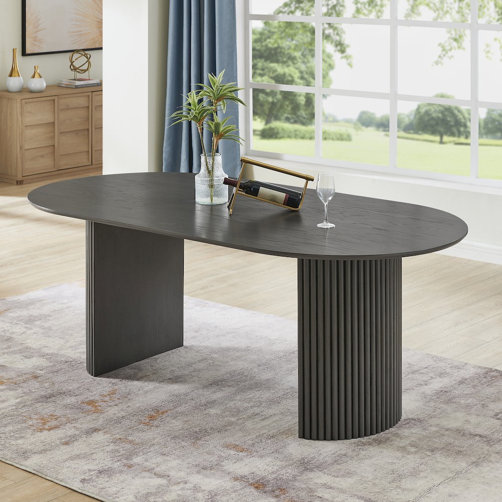 Valencia 80″ Oval Gray Oak Finish Dining Table with Dual Pedestal Base – Seats 6