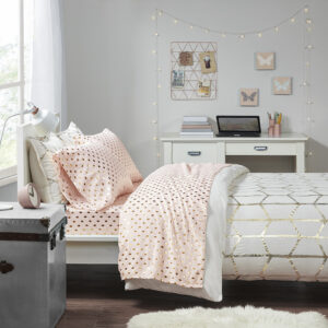 Metallic Dot Printed Sheet Set from Intelligent Design in  Blush/Gold. Metallic Dot Printed Sheet Set from Intelligent Design in  Blush/Gold. Metallic Dot Printed Sheet Set from Intelligent Design in  Blush/Gold. Metallic Dot Printed Sheet Set from Intelligent Design in  Blush/Gold. Metallic Dot Printed Sheet Set from Intelligent Design in  Blush/Gold.