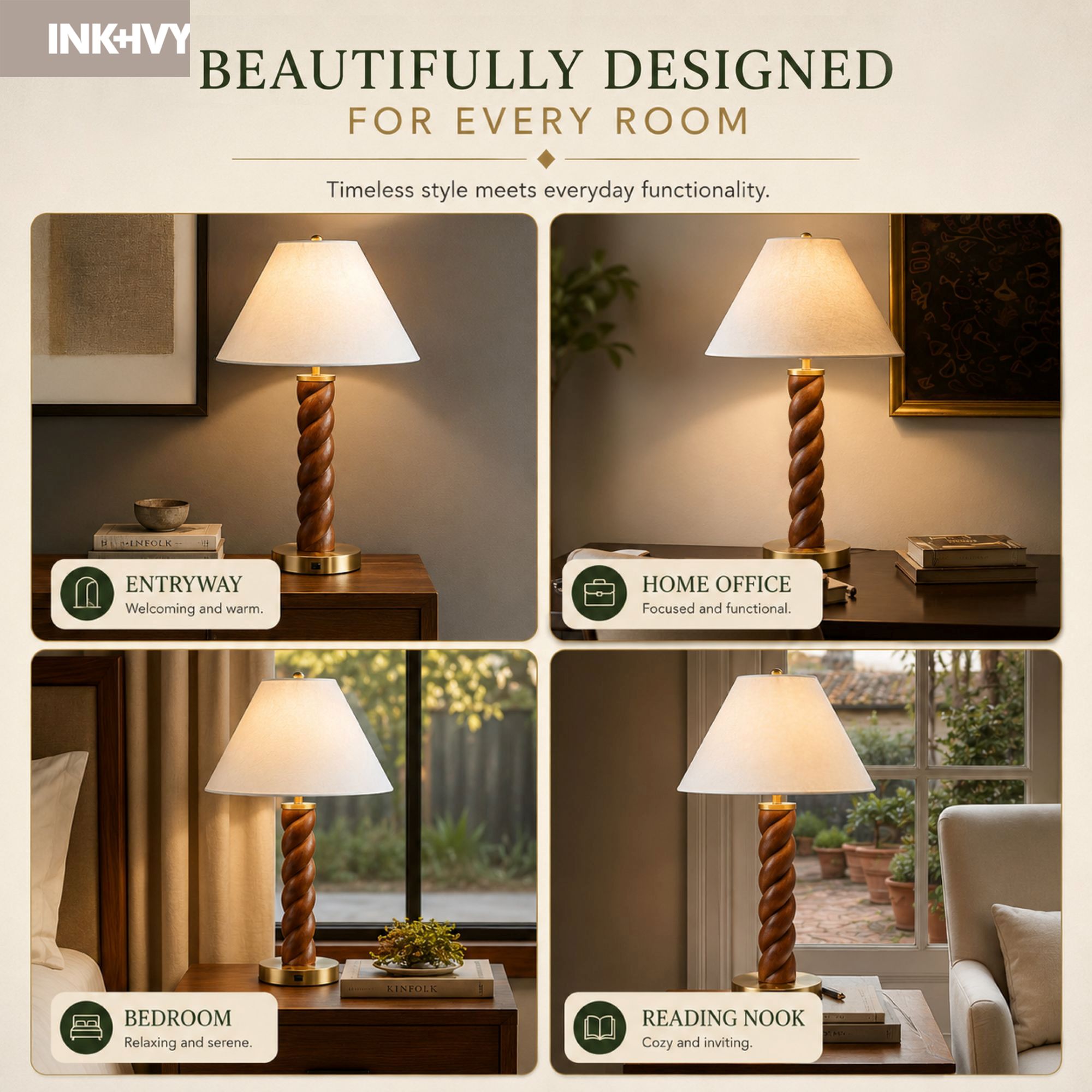 Helixia Twisted Faux Wood Table Lamp with USP C Port