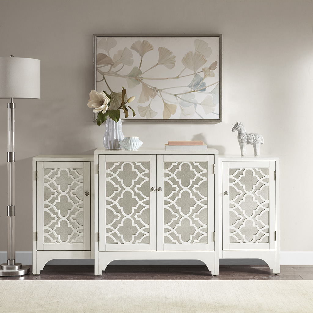 Verona Dining Buffet Server Quaterfoil Design Kitchen Storage Cabinet with Mirrored Doors