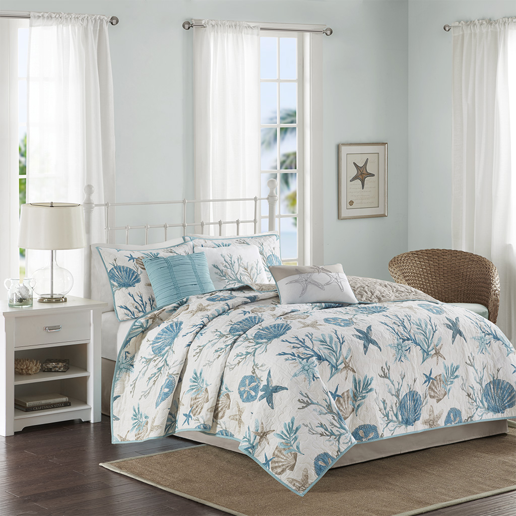 Pebble Beach 6 Piece Cotton Sateen Quilt Set with Throw Pillows