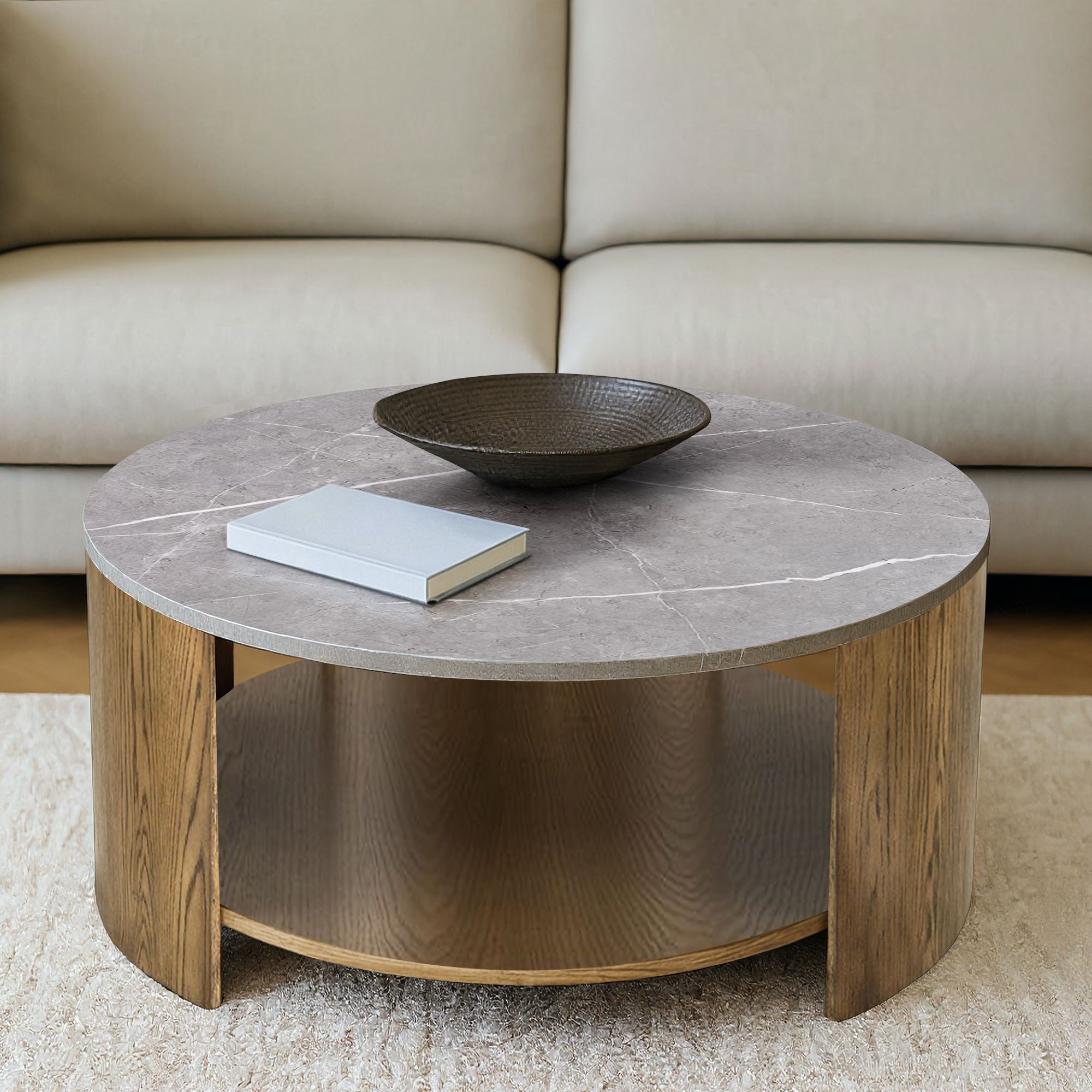 Keegan Round Mixed Material Coffee Table with Shelf