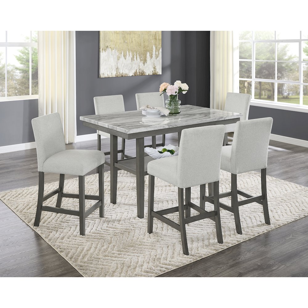 Selena 7-Piece 60″ Gray Faux Marble Counter Height Dining Set