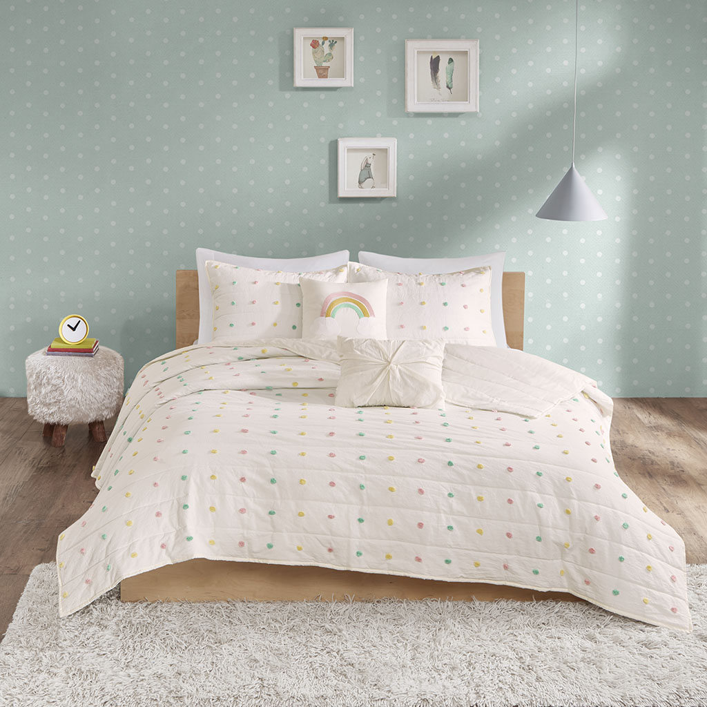 Callie Pom Pom Cotton Jacquard Quilt Set with Throw Pillows