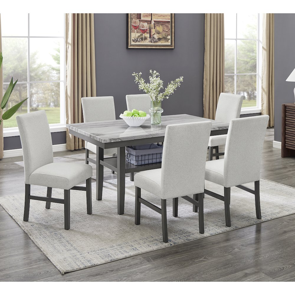 Selena 7-Piece 60″ Rectangular Gray Faux Marble Top Dining Set with 6 Chairs