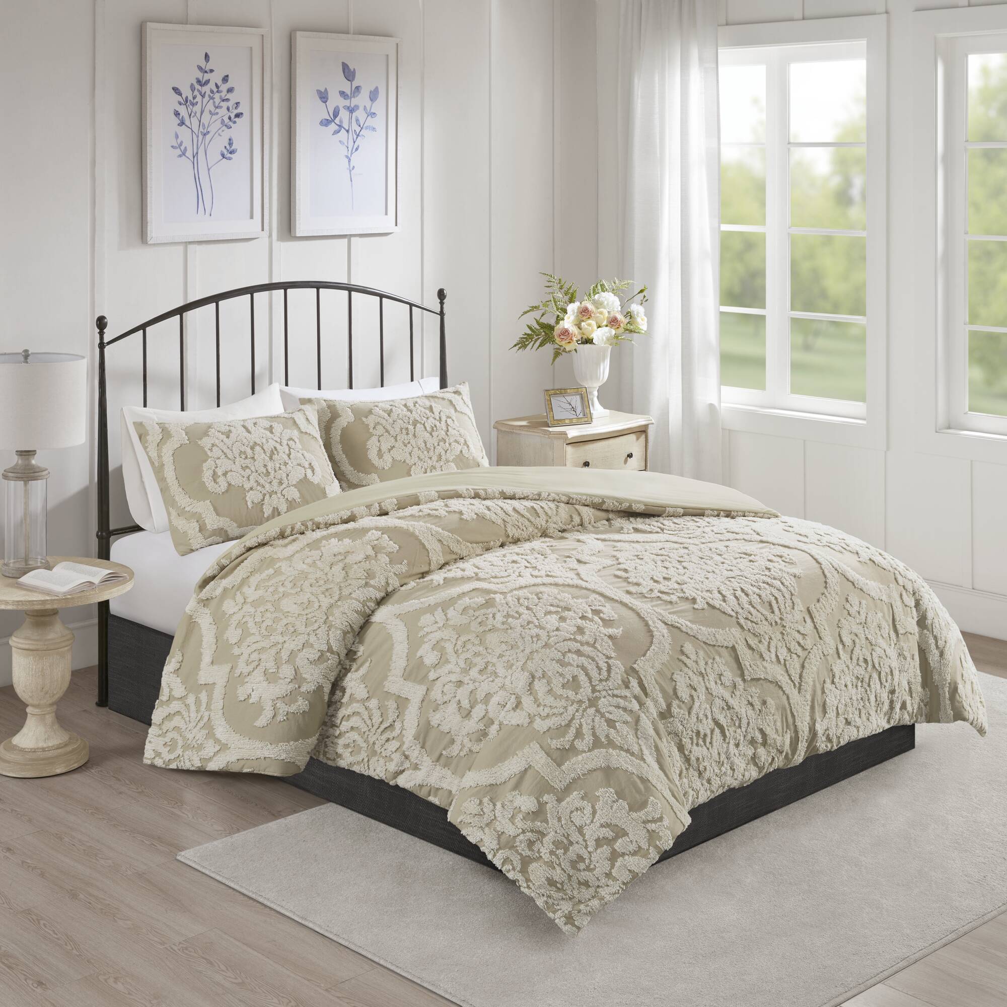 Viola 3 Piece Tufted Cotton Chenille Damask Duvet Cover Set
