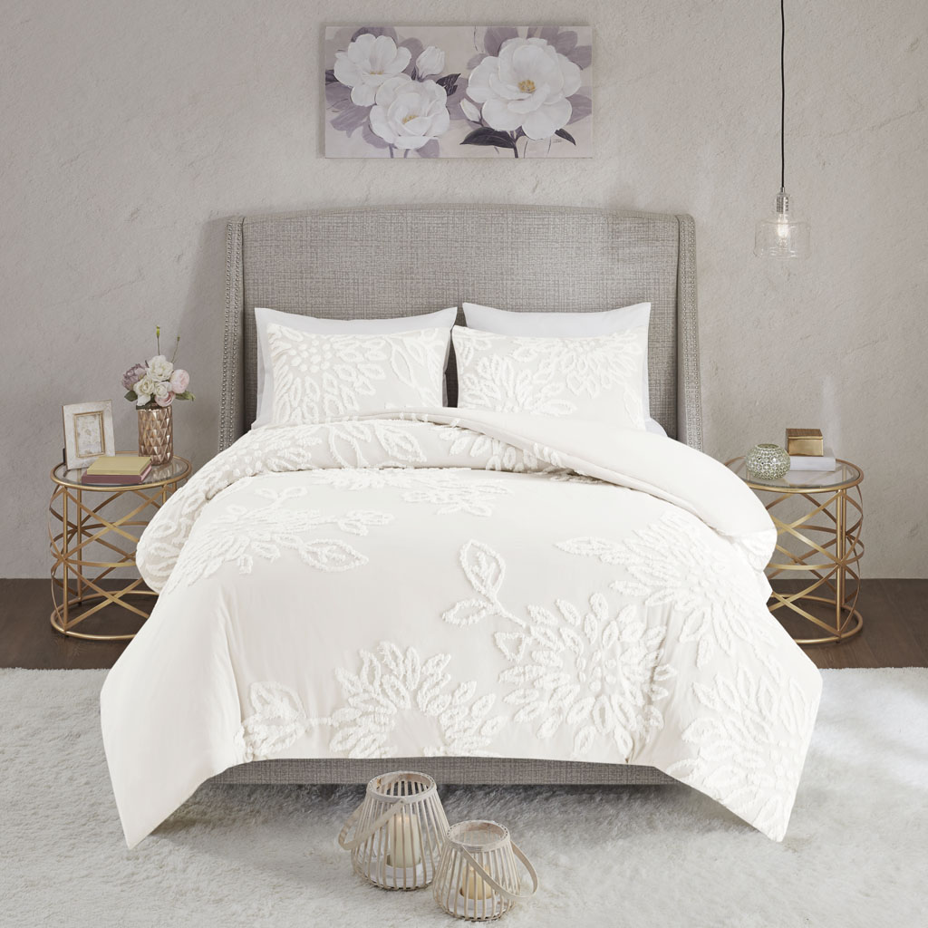 Veronica 3 Piece Tufted Cotton Chenille Floral Duvet Cover Set