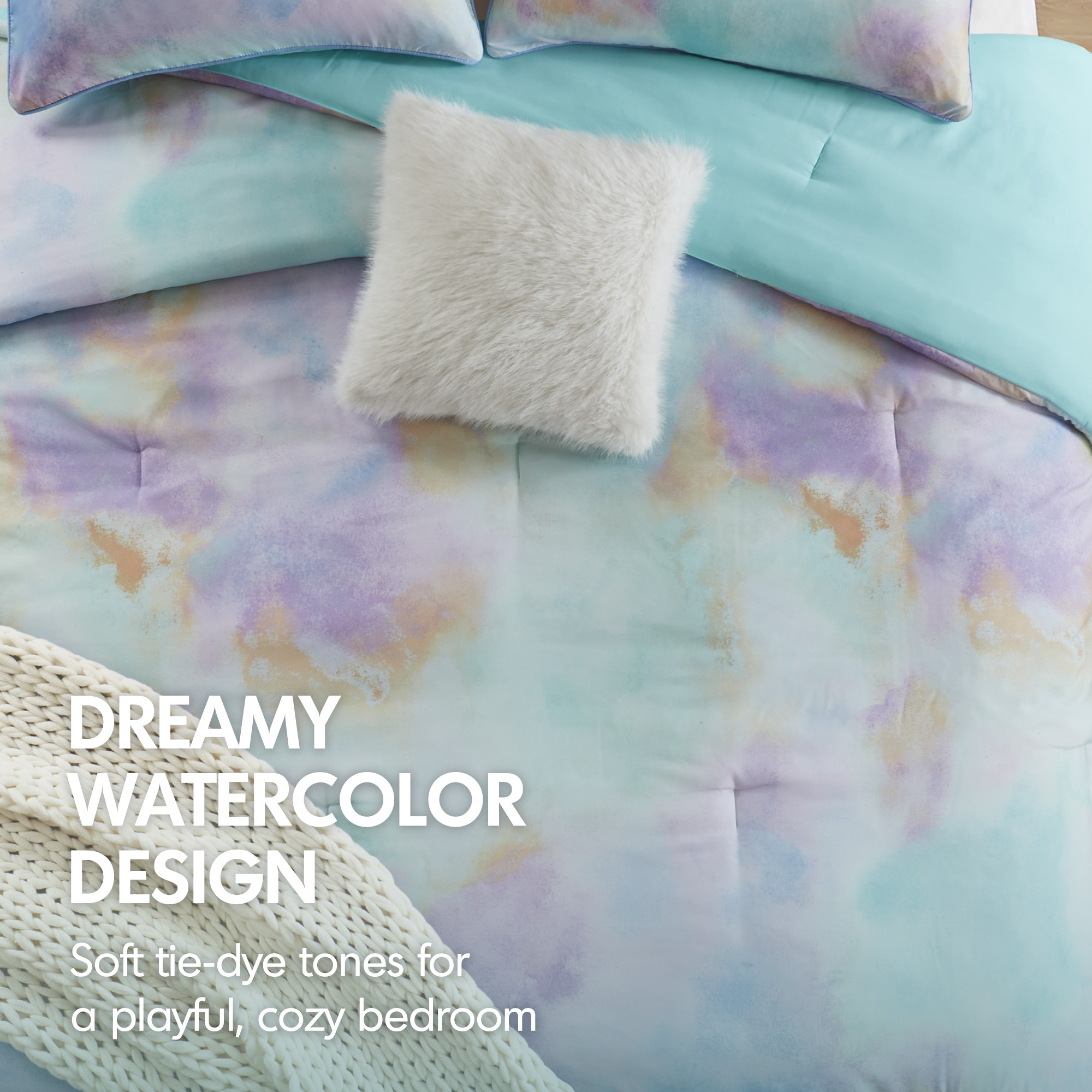 Cassiopeia Watercolor Tie Dye Printed Comforter Set with Throw Pillow