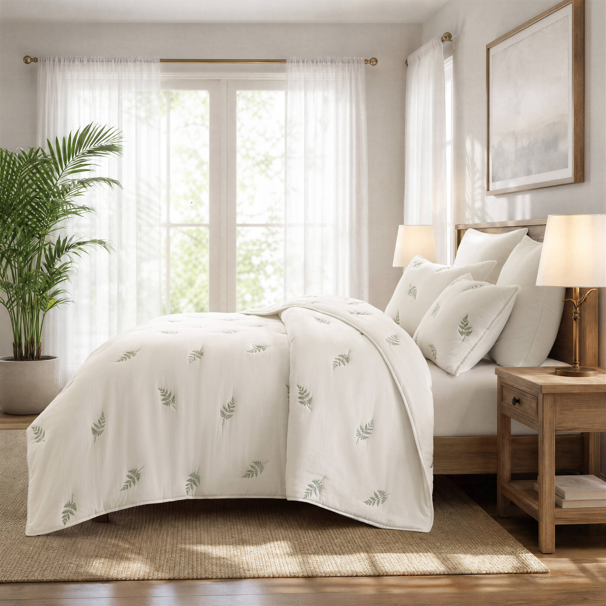 Willow Embroidered Botanical 100% Cotton Lightweight 3 Piece Quilt Set