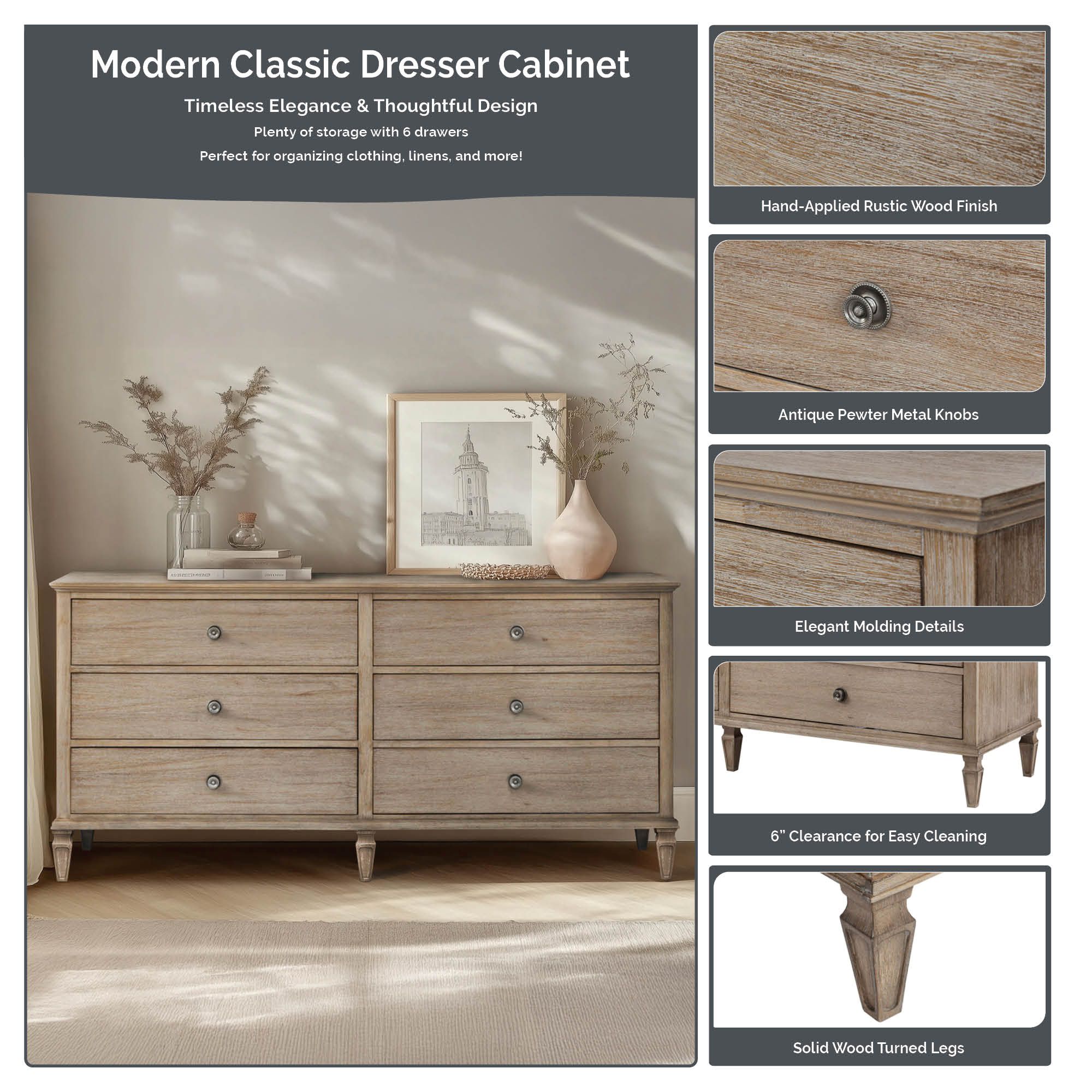 Victoria 6-drawer wood dresser (70″)