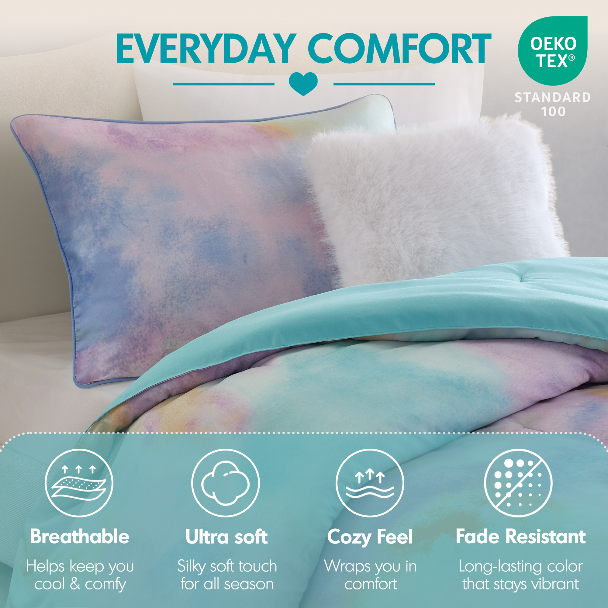 Cassiopeia Watercolor Tie Dye Printed Comforter Set with Throw Pillow