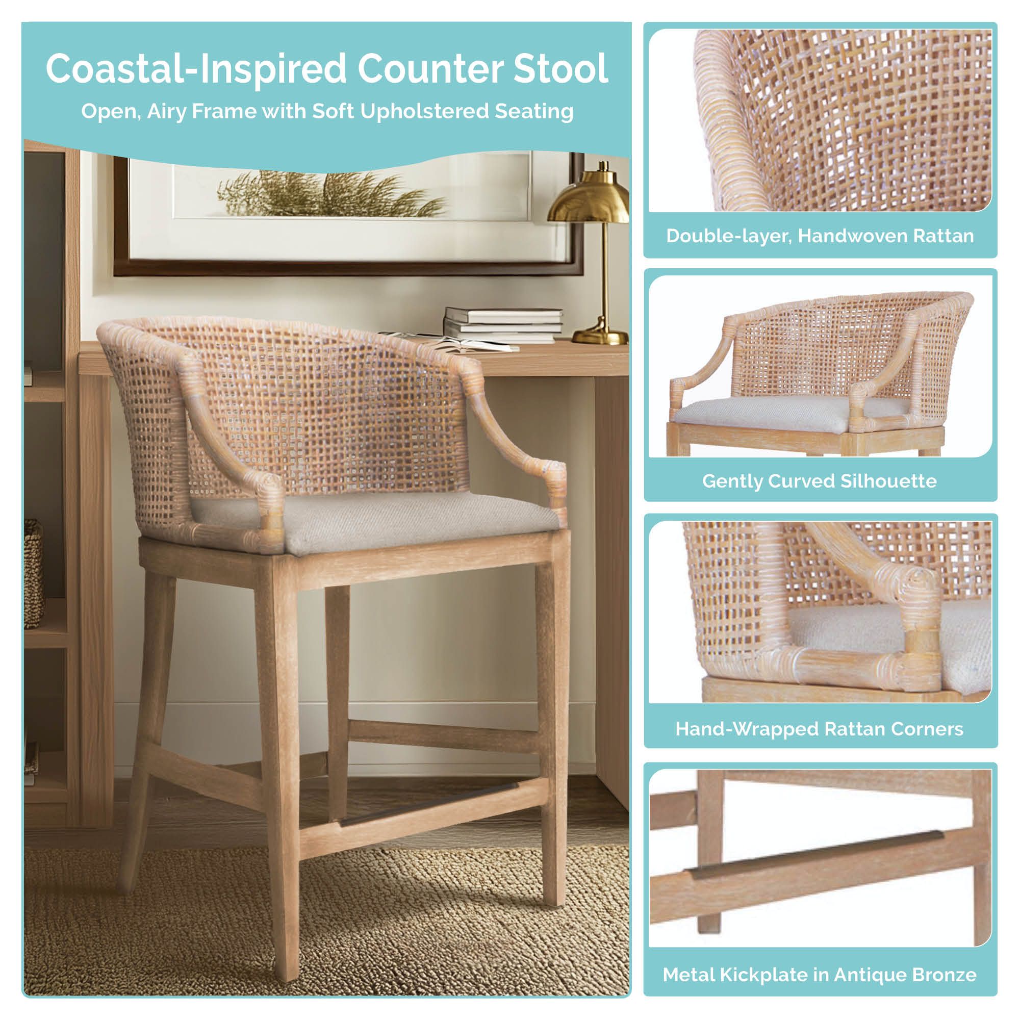Playa Handcrafted Rattan & Wood Counter Stool 25″ H