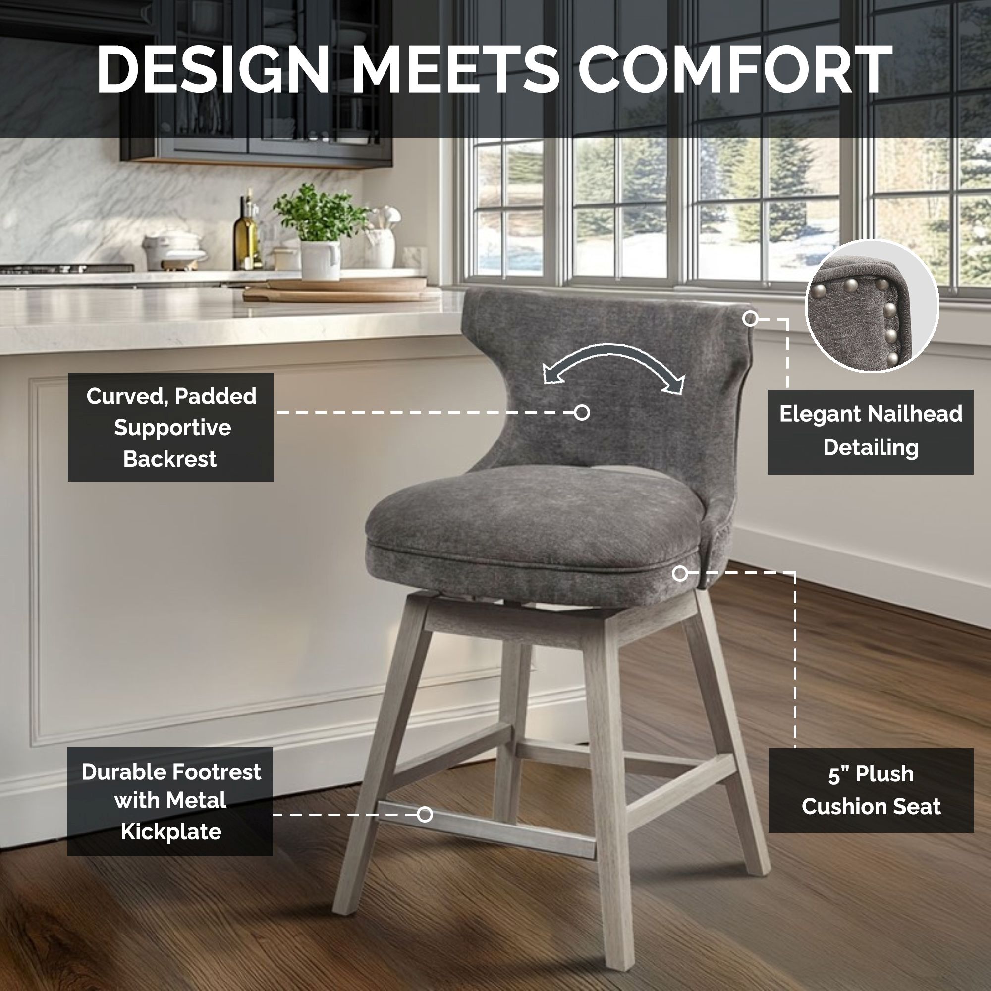 Emmett 360-degree swivel counter stool with nailheads